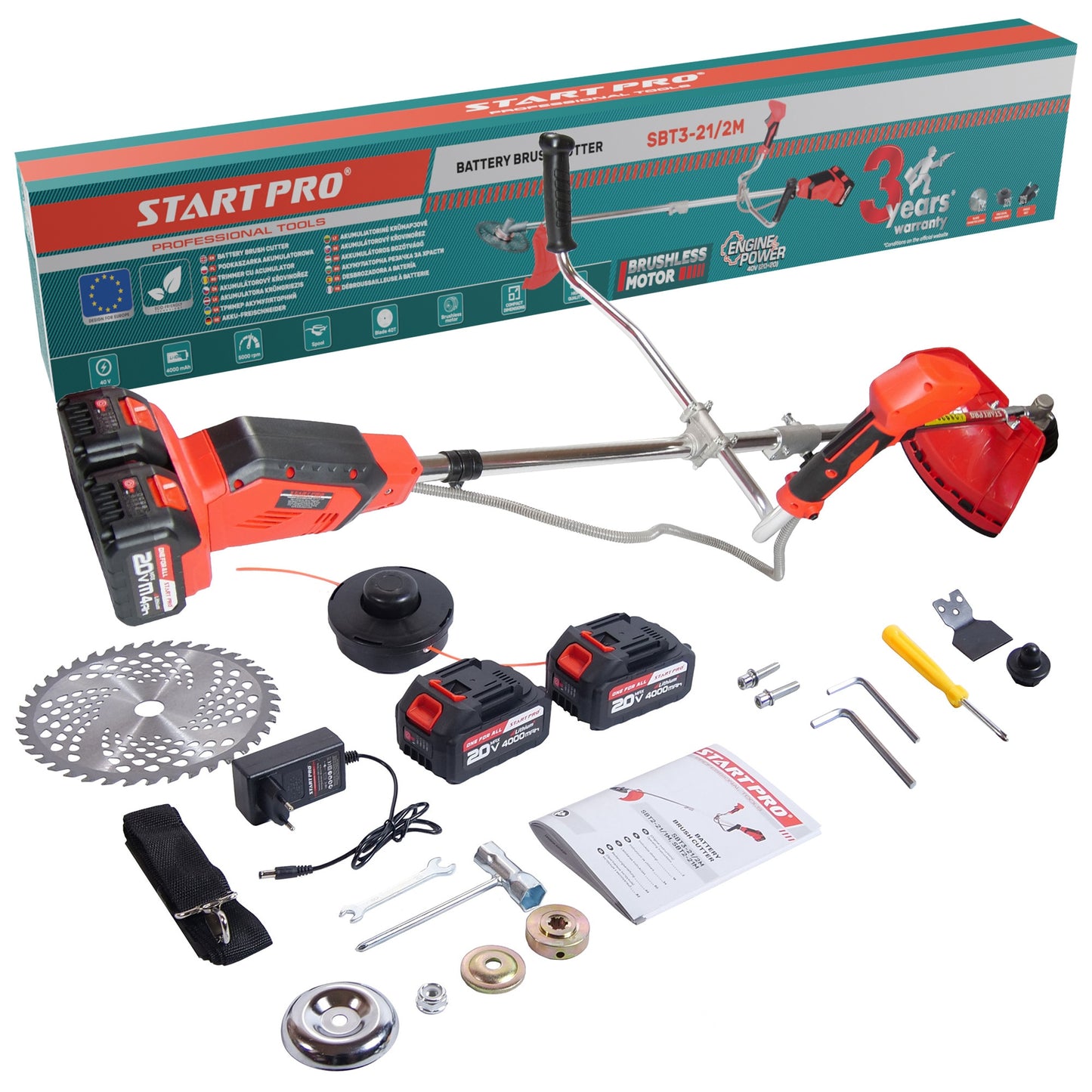 Motocoasa cu acumulator PROFESIONALA StartPro 40V, 8000rpm, 2 baterii 4Ah, 420mm, lama + fir