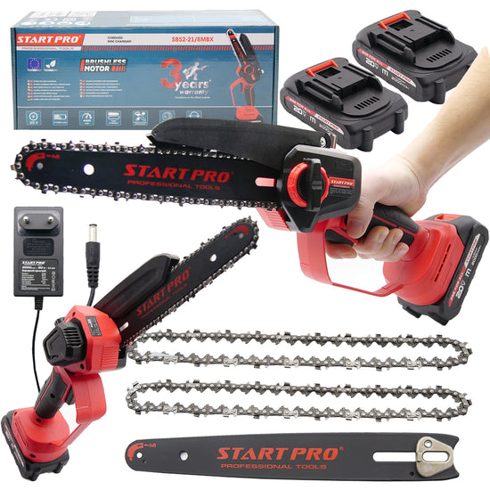 Mini ferastrau cu lant STARTPRO SBS2-21/8MBX 20V, 8 inch, motor fara perii, 2 baterii, 2 lanturi