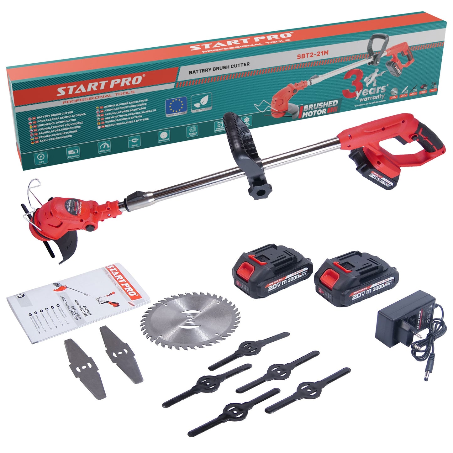 Motocoasa cu acumulator PROFESIONALA StartPro SBT2-21M, 20V, 2 acumulatori, 5000rpm, trimmer iarba 150mm, 8 accesorii