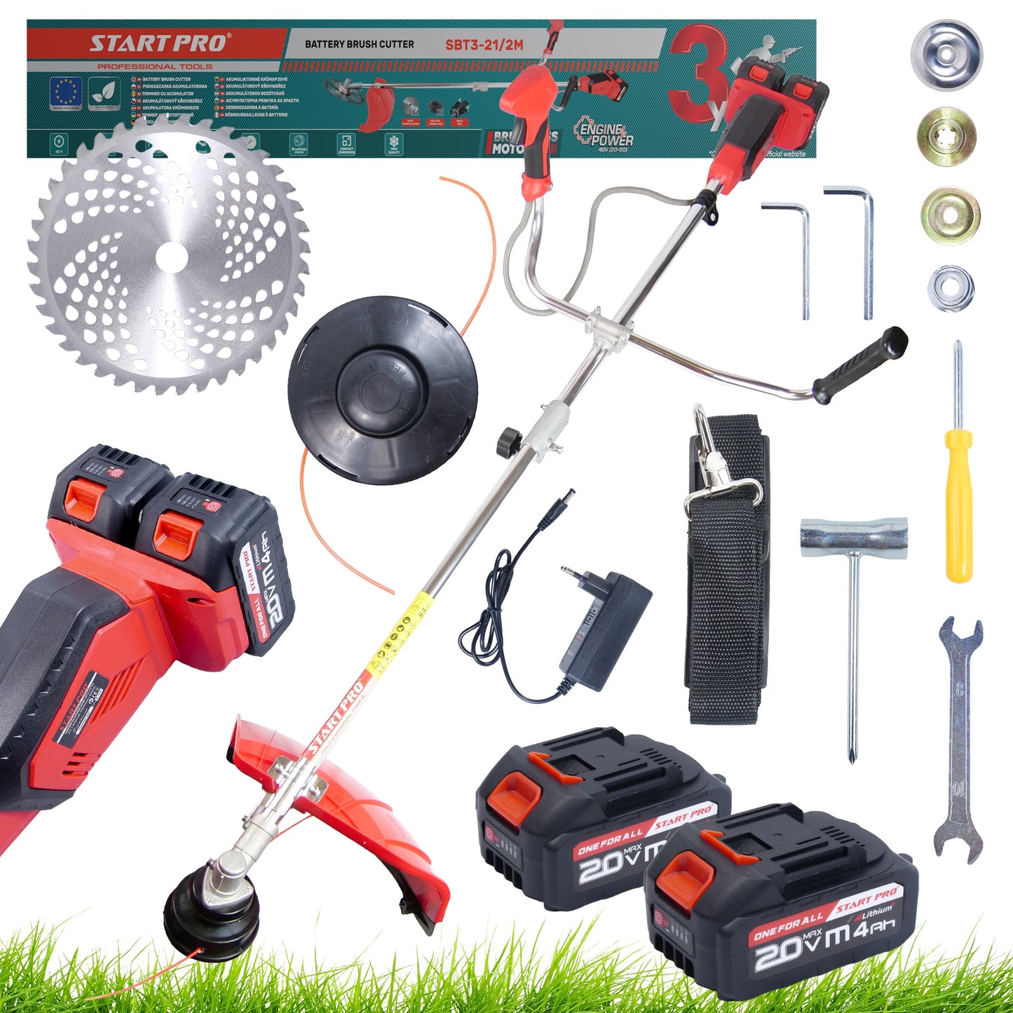 Motocoasa cu acumulator PROFESIONALA StartPro 40V, 8000rpm, 2 baterii 4Ah, 420mm, lama + fir