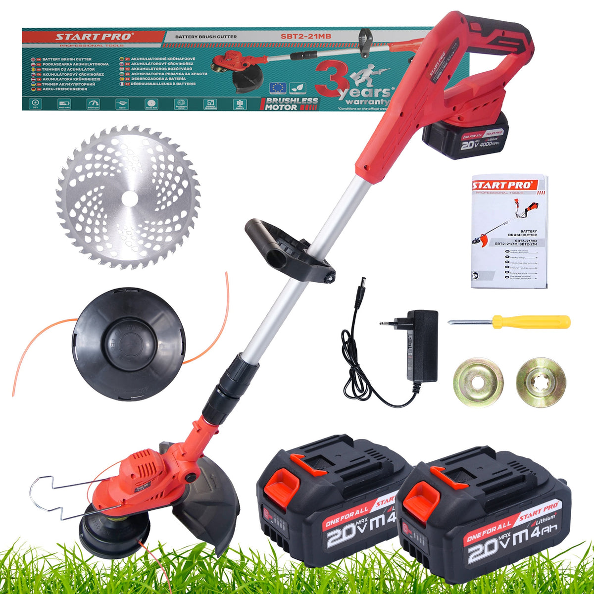 Motocoasa cu acumulator STARTPRO SBT2-21MB 20V, 2x4Ah, 8000RPM, tija telescopica, fir + disc