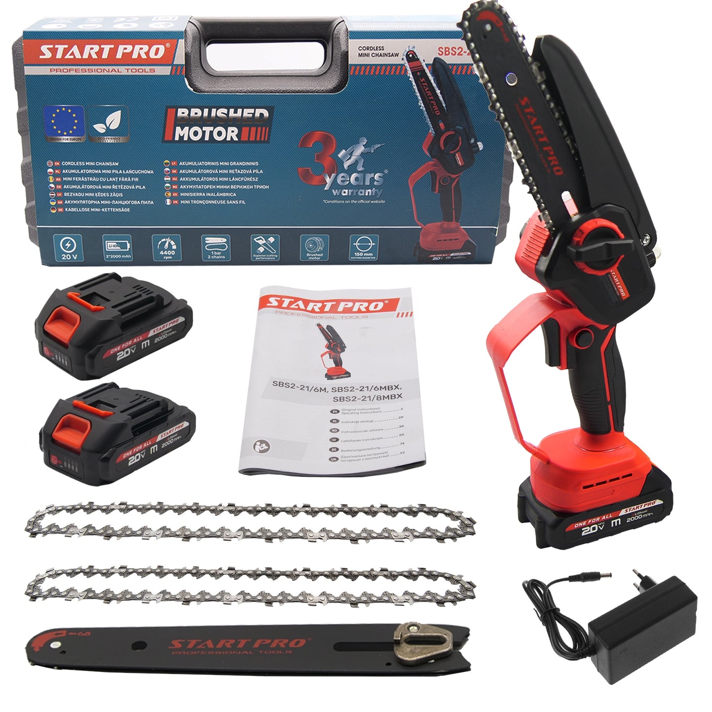 Mini ferastrau cu lant STARTPRO SBS2-21/6M 20V, 6 inch, 2 baterii 2Ah, 2 lanturi, portabil