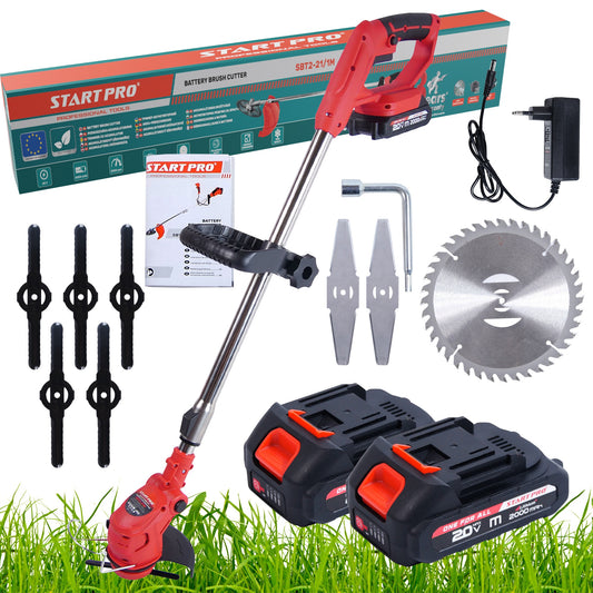 Motocoasa cu acumulator PROFESIONALA StartPro SBT2-21M, 20V, 2 acumulatori, 5000rpm, trimmer iarba 150mm, 8 accesorii