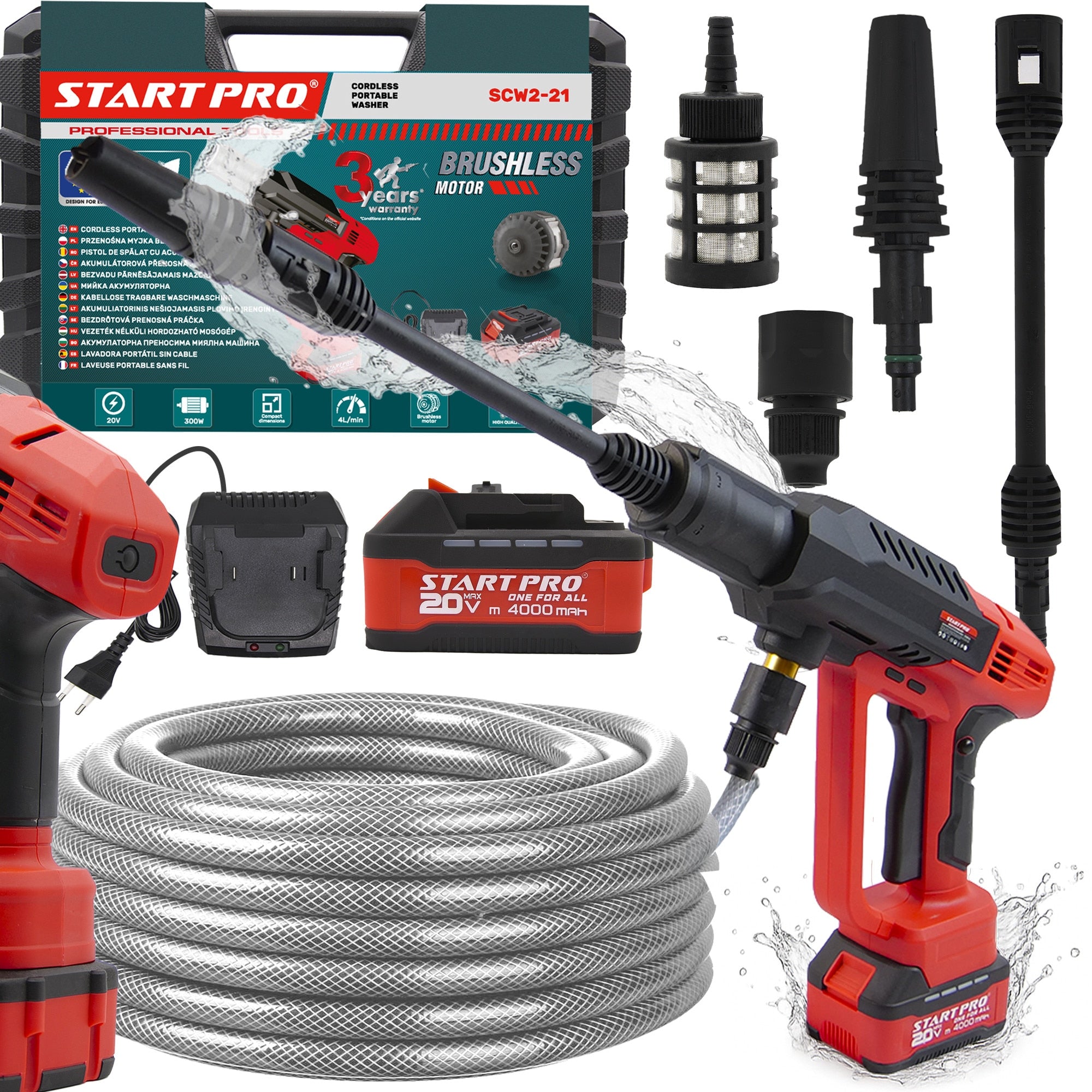 Aparat spalat presiune STARTPRO SCW2-21 20V, 27 bar, 4Ah, cu acumulator, incarcator, furtun 5m