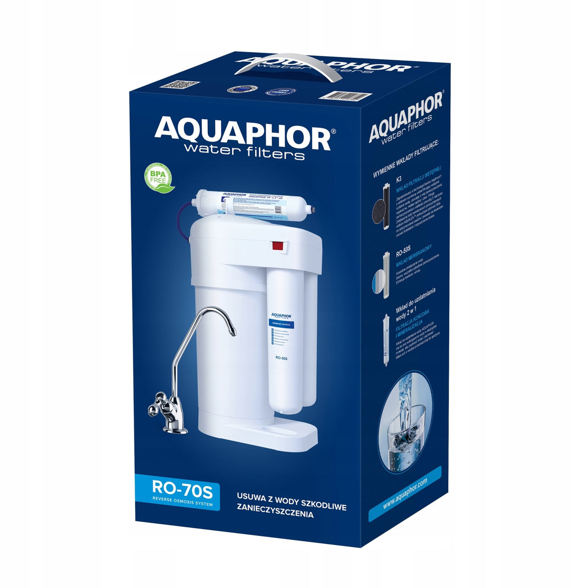 Sistem de filtrare cu osmoza inversa si mineralizare Aquaphor RO-70S, 3 filtre (K3, RO-50S, cartus 2in1), rezervor 5L, 190L/zi