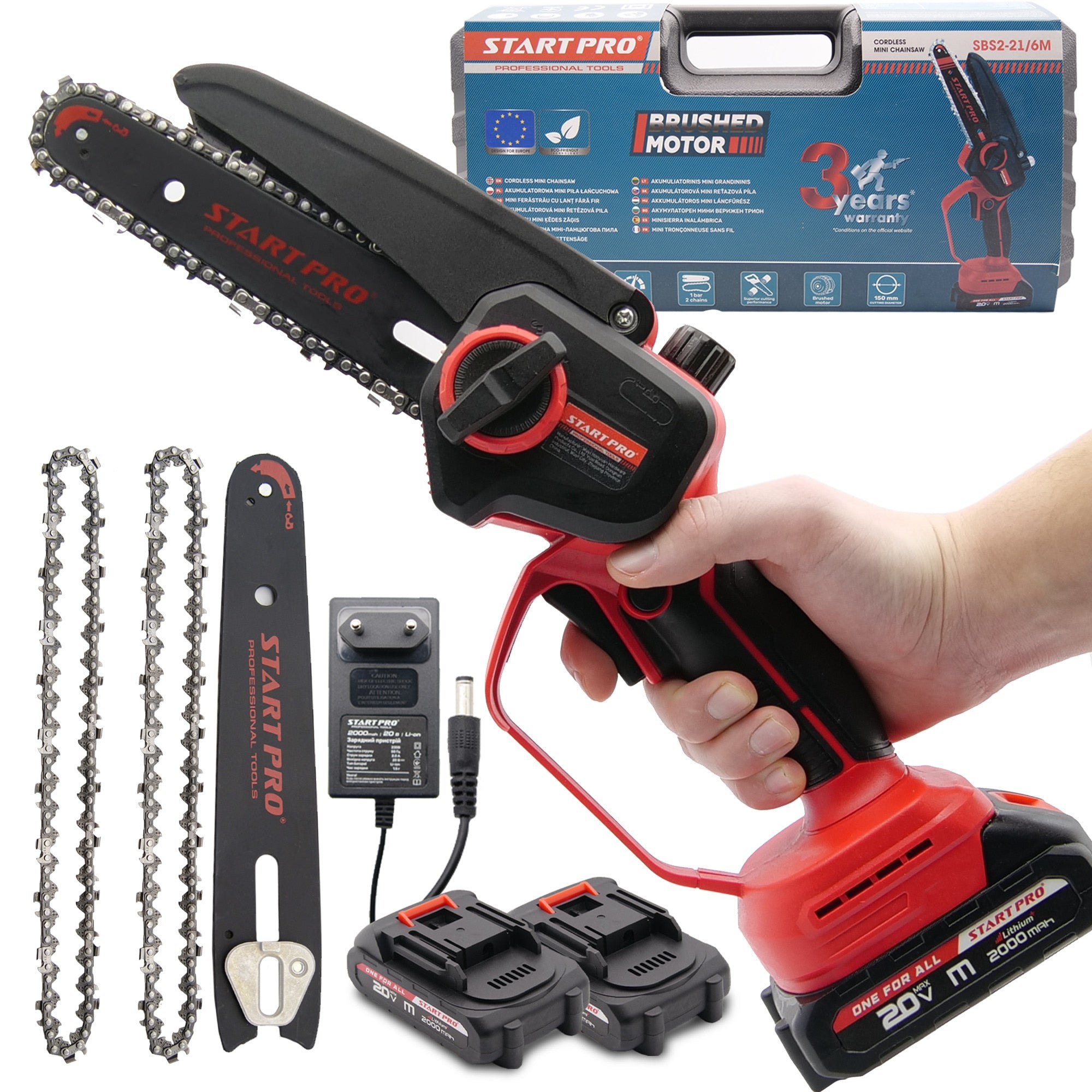 Mini ferastrau cu lant STARTPRO SBS2-21/6M 20V, 6 inch, 2 baterii 2Ah, 2 lanturi, portabil