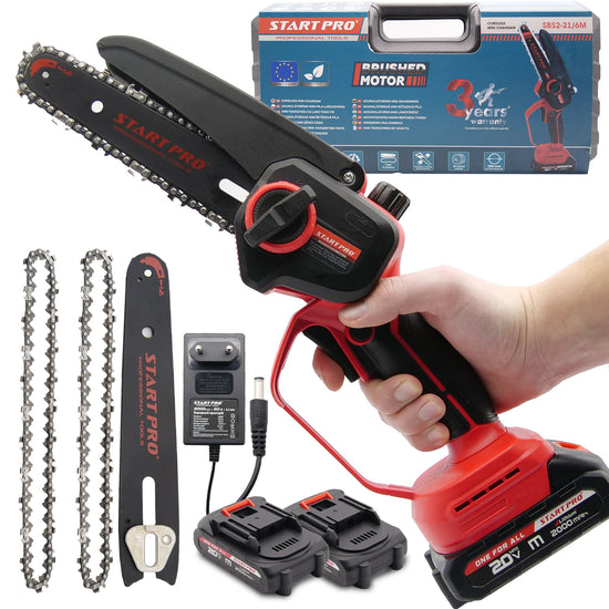 Mini ferastrau cu lant STARTPRO SBS2-21/6M 20V, 6 inch, 2 baterii 2Ah, 2 lanturi, portabil