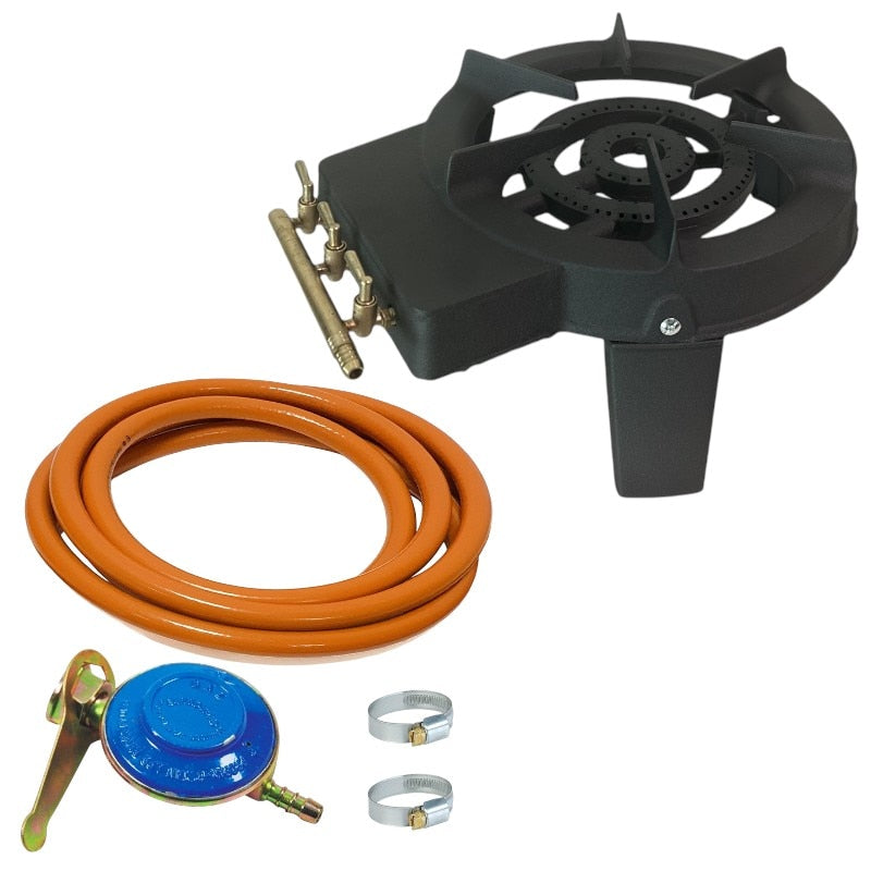 Pachet arzator fonta GPL cu 3 robineti, pirostrie exterior 30 cm + Set regulator reglabil ROTOR cu furtun 1.5m