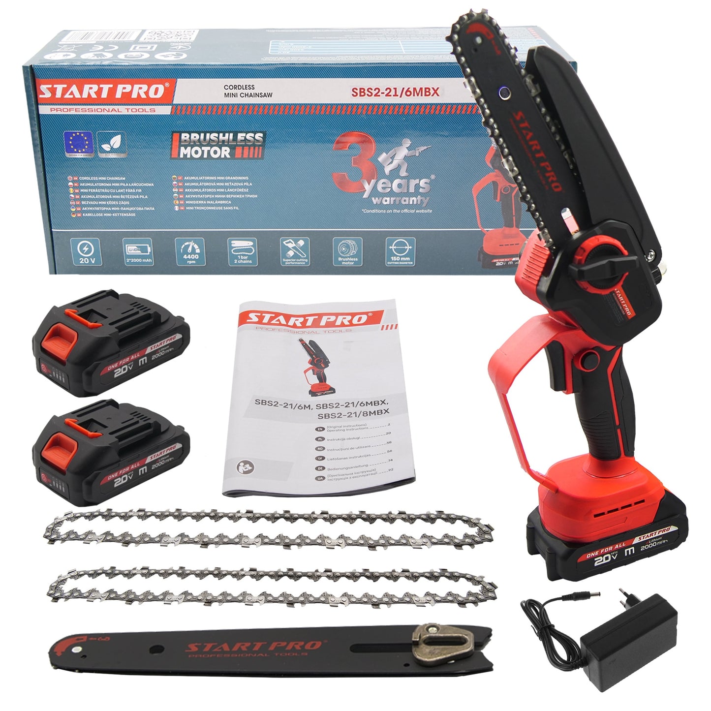 Mini ferastrau cu lant STARTPRO SBS2-21/6MBX 20V, 6 inch, 2 baterii, 2 lanturi, portabil