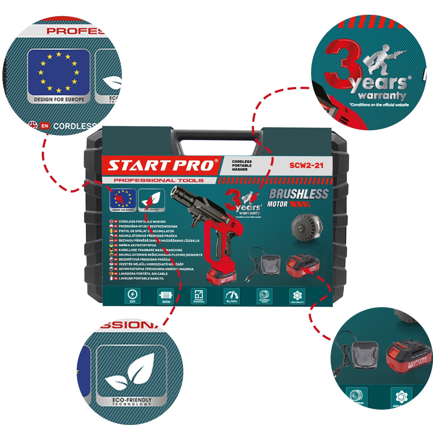 Aparat spalat presiune STARTPRO SCW2-21 20V, 27 bar, 4Ah, cu acumulator, incarcator, furtun 5m