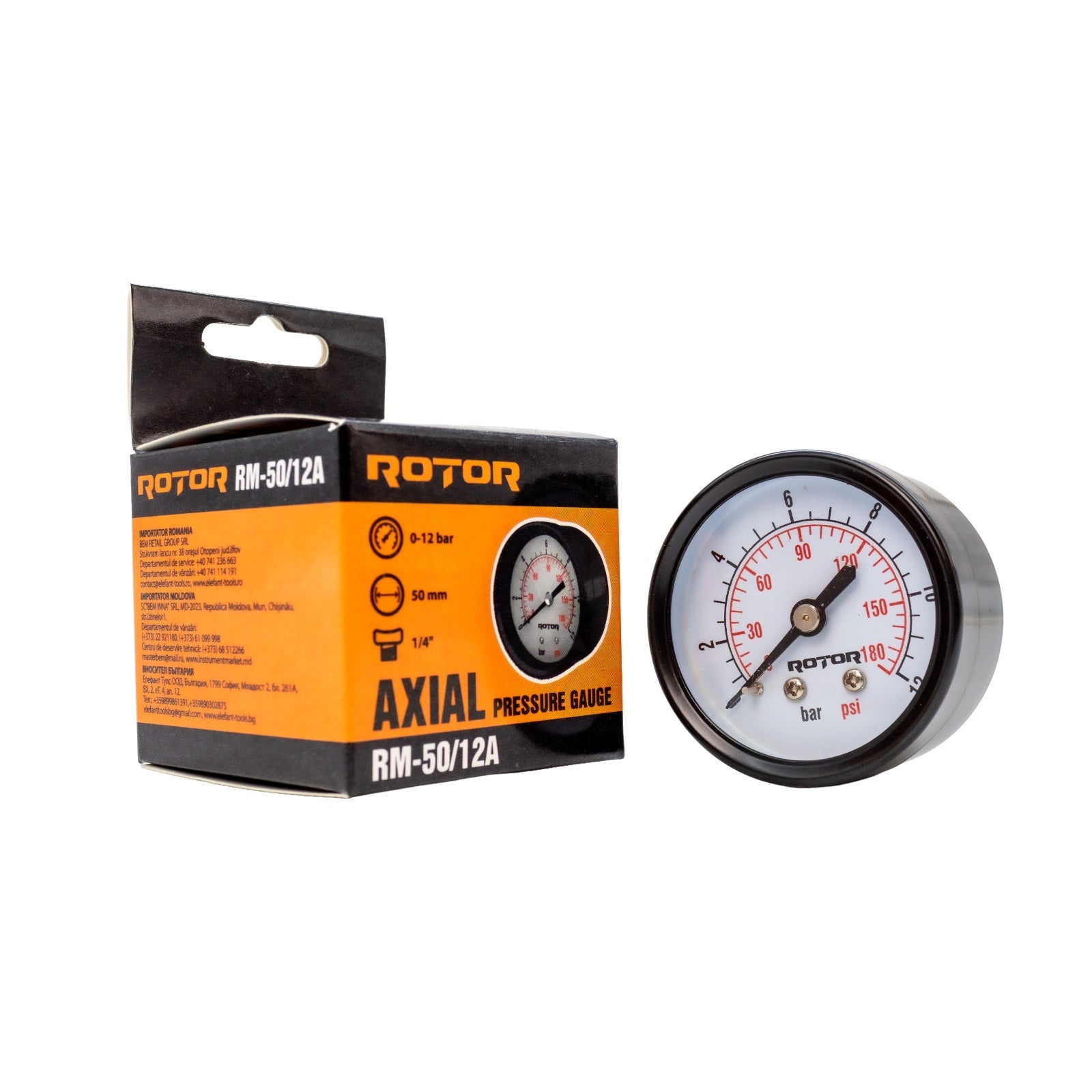 Manometru Axial Apa ROTOR RM-50/12A, 0-12 bari, 50mm, conexiune 1/4
