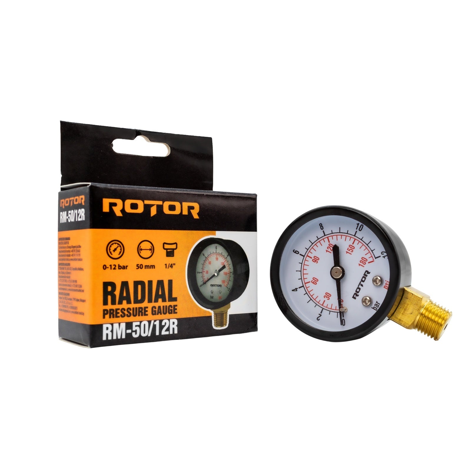 Manometru Radial Apa ROTOR RM-50/12R, 0-12 bari, 50mm, conexiune 1/4