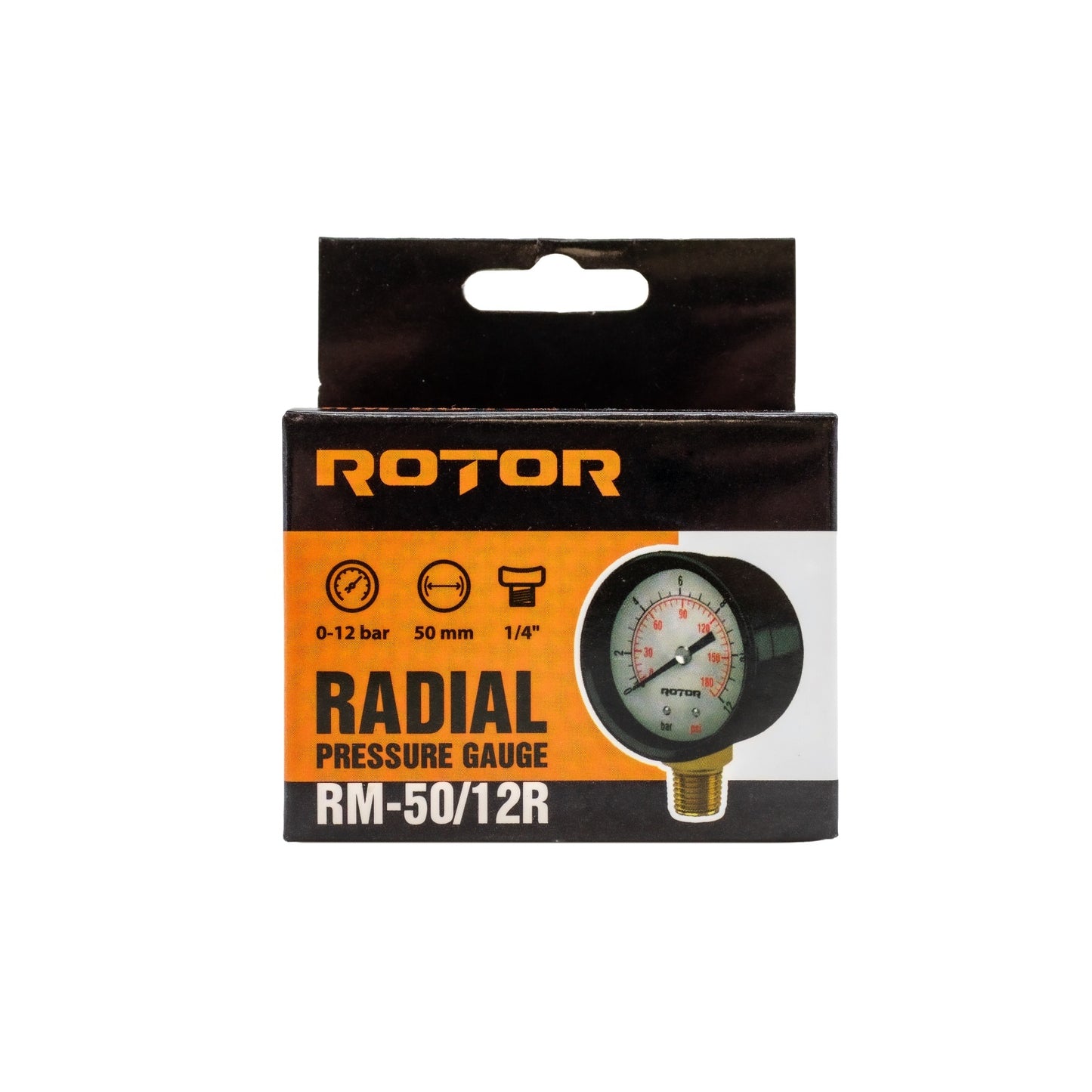 RM-50/12R, Manometru radial apa 0-12 bar, 50 mm, conexiune 1/4", ROTOR