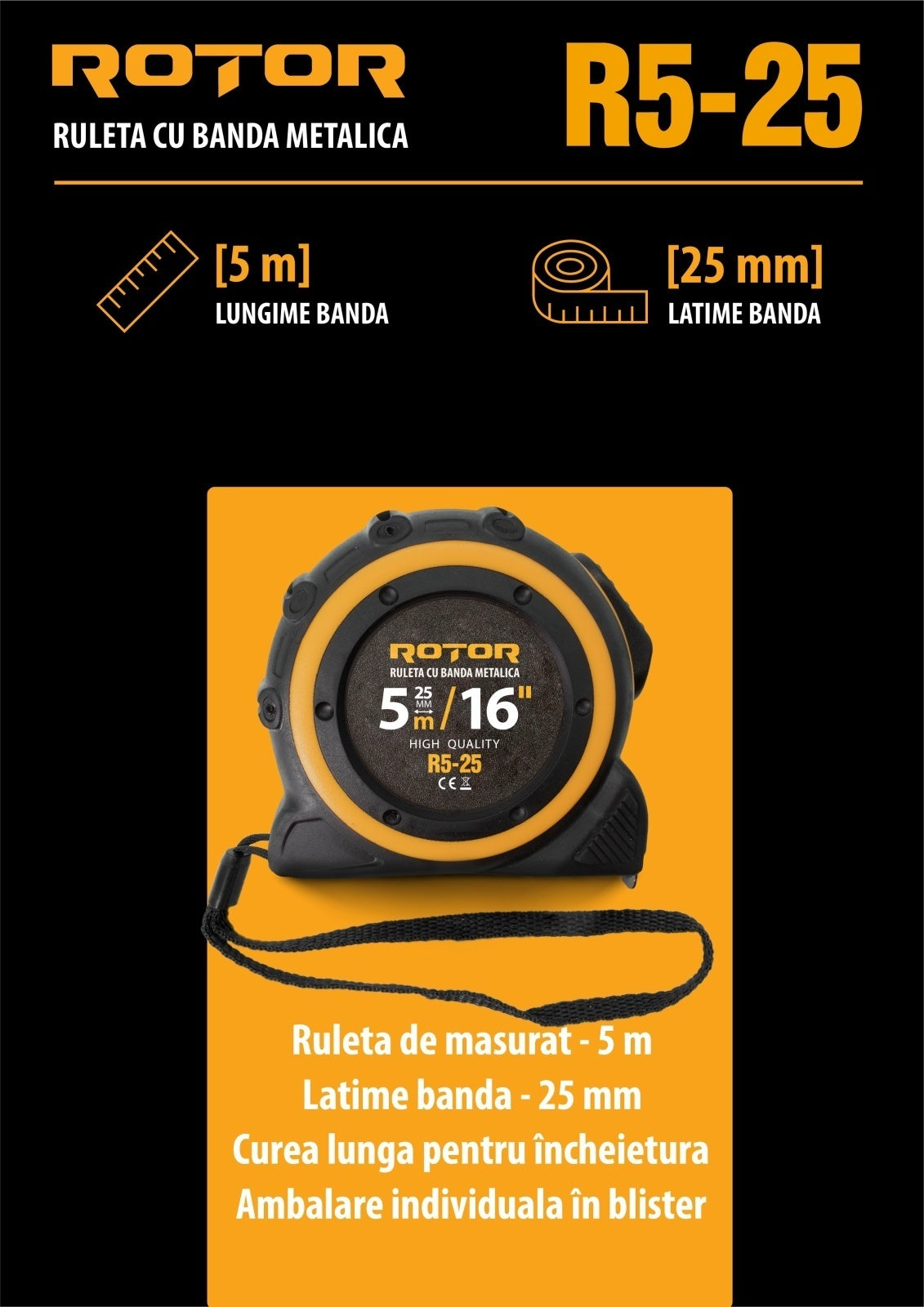 Ruleta ROTOR R5-25, 5m x 25mm, auto-blocare, curea de mana