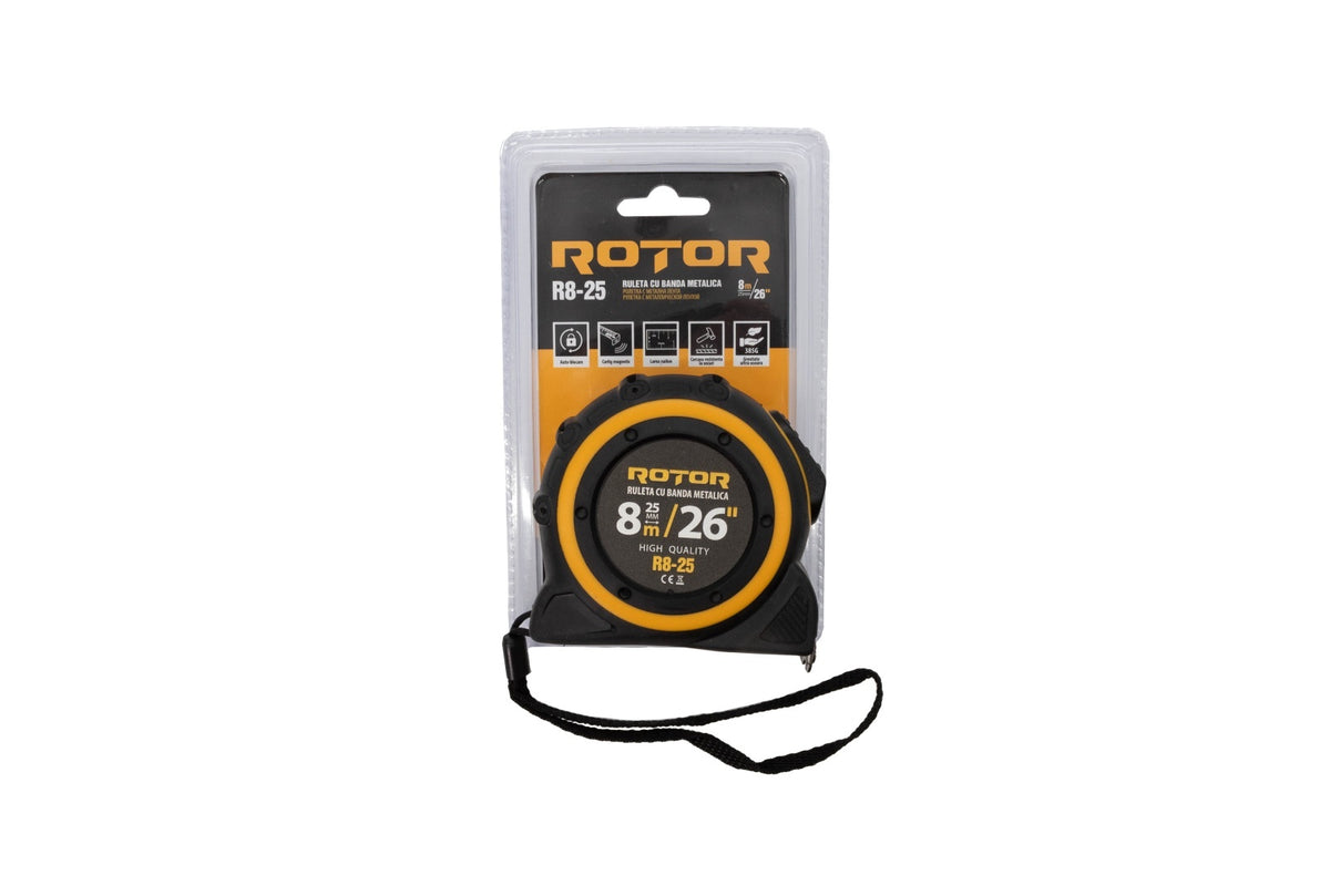 Ruletă 8m x 25mm ROTOR R8-25, Curea de mână, Auto-blocare