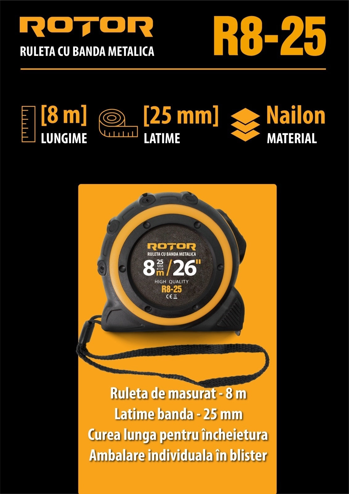 Ruletă 8m x 25mm ROTOR R8-25, Curea de mână, Auto-blocare
