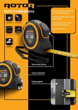 Ruletă 8m x 25mm ROTOR R8-25, Curea de mână, Auto-blocare