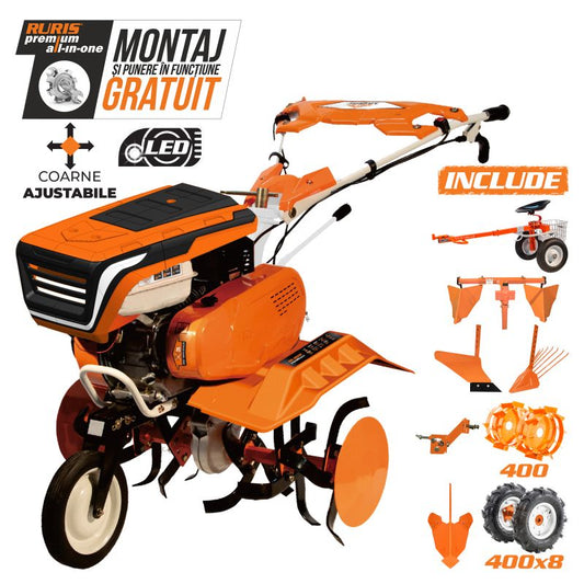 Motosapa RURIS 7500 ACC3 + roti cauciuc 4.00-8 + rarita ajustabila + plug + adaptor + dispozitiv cartofi + cultivator multifunctional + accesoriu tractat + roti metalice 400 fara manicot 7CP