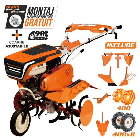 Motosapa RURIS 7500 ACC5 + roti cauciuc 4.00-8+rarita ajustabila+plug+adaptor+dispozitiv cartofi+cultivator multifunctional+roti metalice 400 fara manicot 7 CP