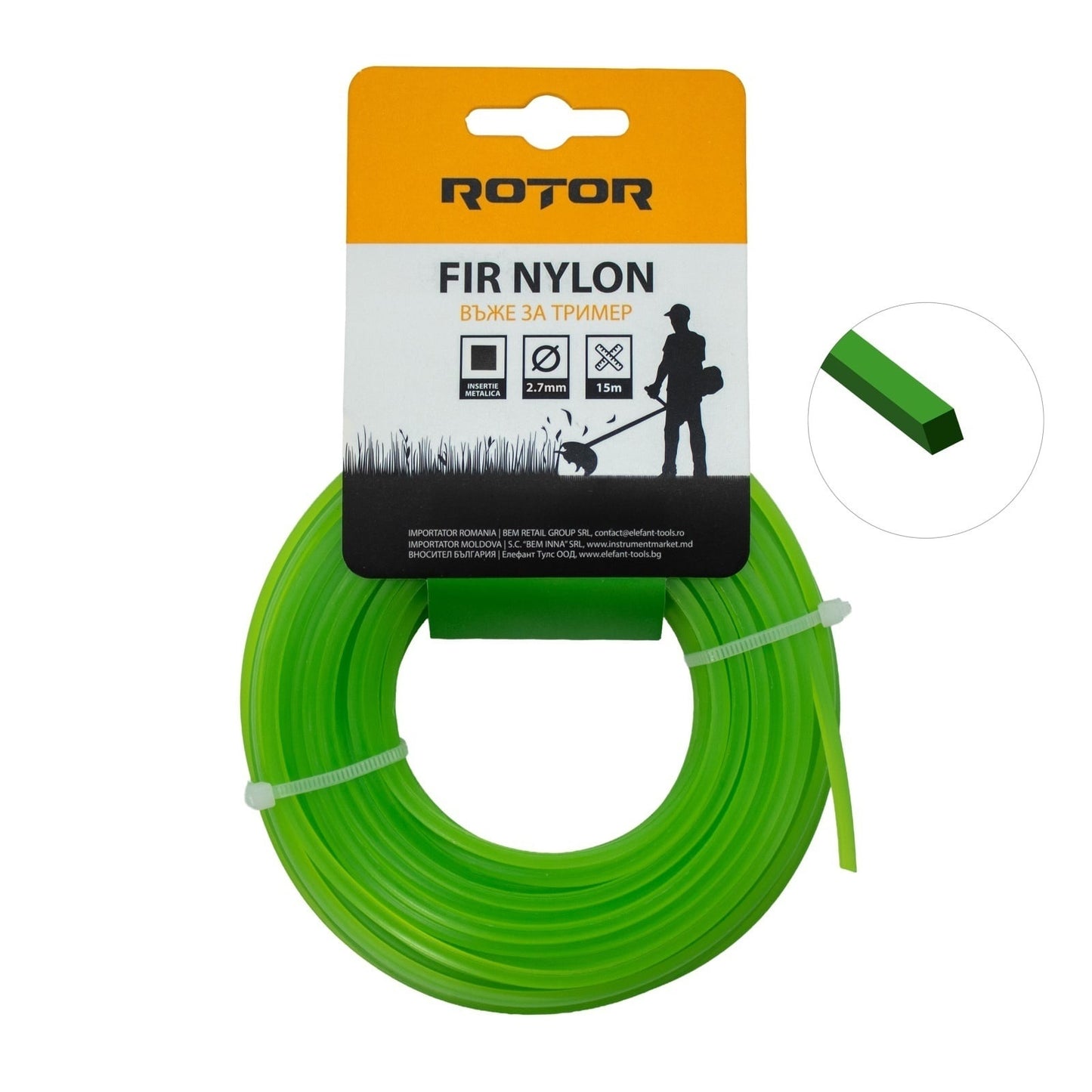 Set 5 Fire Nylon Patrat ROTOR, 2.7mm x 15m, verde, pentru motocoasa si trimmer - detaliu 2