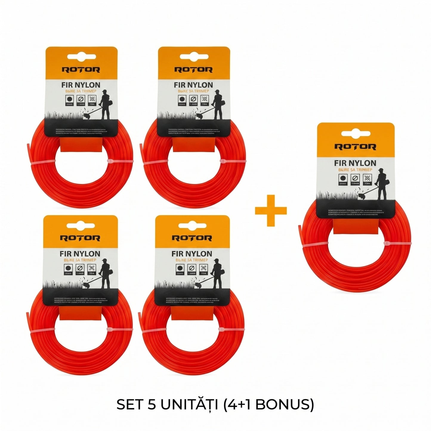 Set 5 Fire Nylon Rotund ROTOR, 1.6mm x 15m, rosu, pentru motocoasa si trimmer - imagine produs