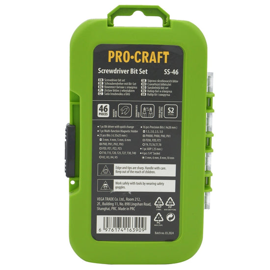 Set Biti PROCRAFT SS-46, 46 piese, adaptor 1/4"