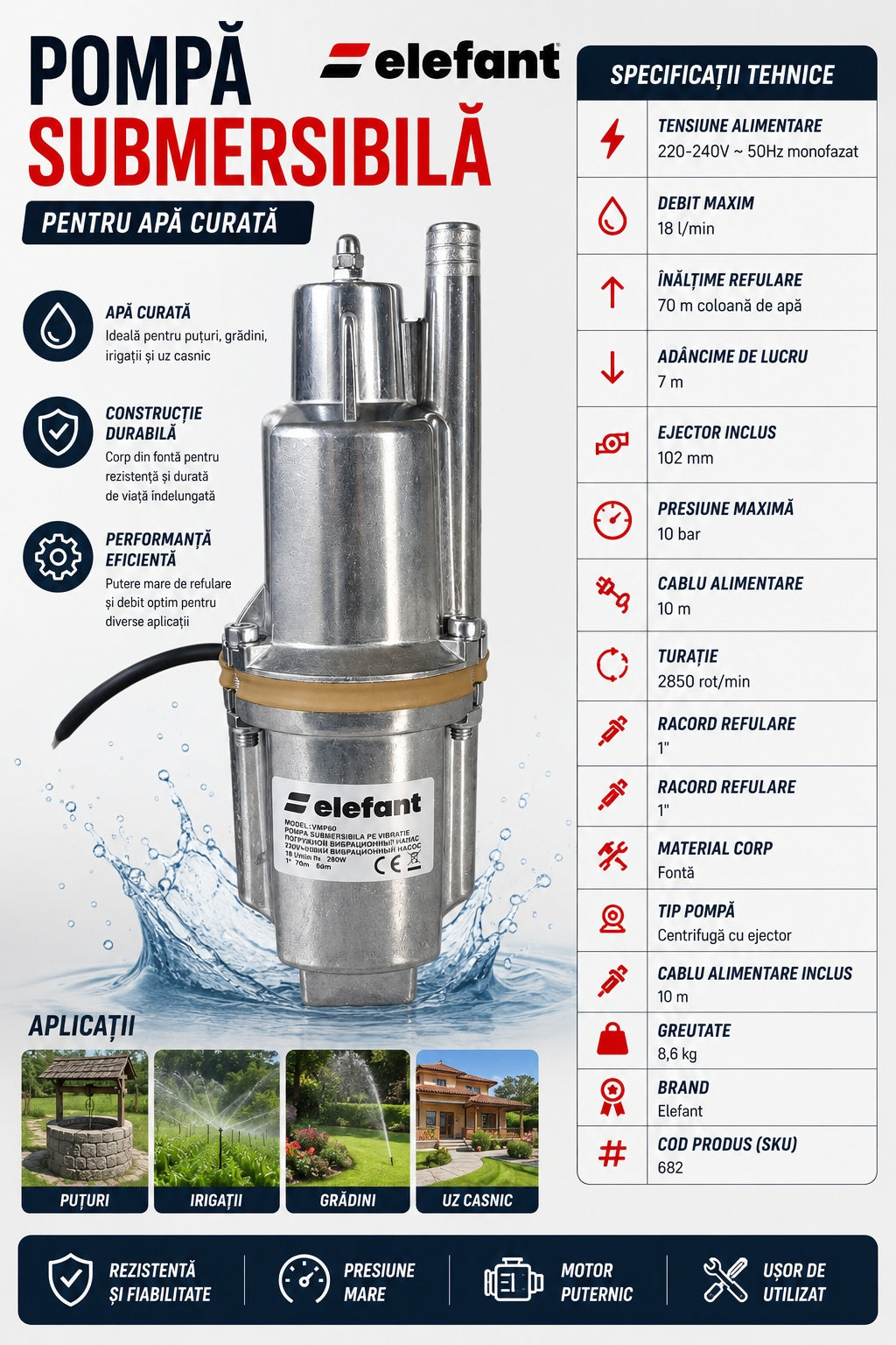 Set pompa submersibila vibratii apa curata 280W, si pompa recirculare 100W Elefant - detaliu 3