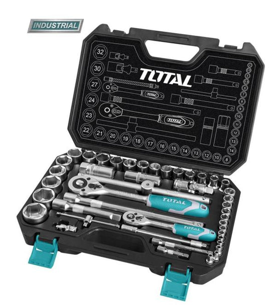 Trusa chei tubulare profesionala TOTAL Industrial 44 piese, 1/4" si 1/2", Cr-V