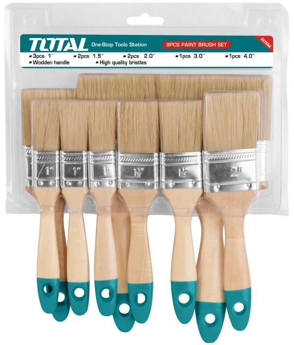 Set 9 pensule vopsit TOTAL cu maner lemn dimensiuni multiple