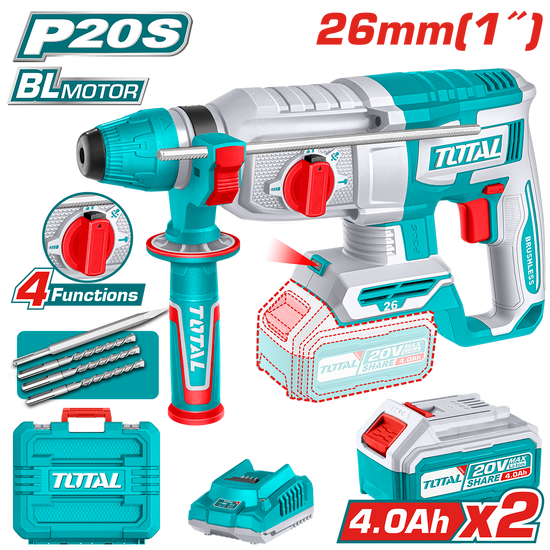 Ciocan rotopercutor TOTAL 20V, 2.5 J, brushless, SDS Plus, 2 acumulatori 4.0Ah, incarcator inclus