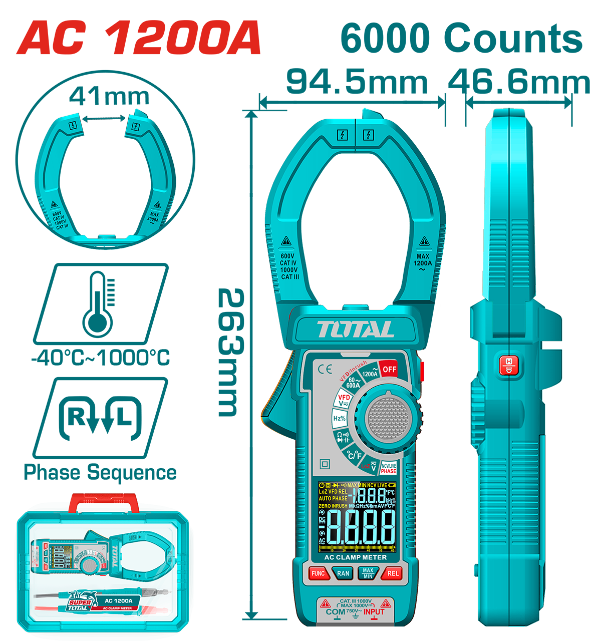 Clampmetru digital TOTAL – True RMS, 6000 count, masurare AC/DC, ecran color, temperatura -40°C ~ 1000°C