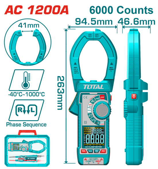 Clampmetru digital TOTAL – True RMS, 6000 count, masurare AC/DC, ecran color, temperatura -40°C ~ 1000°C