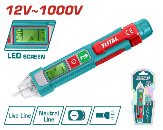 Detector tensiune TOTAL 12V–1000V AC, fara contact, LED, alarma sonora si luminoasa