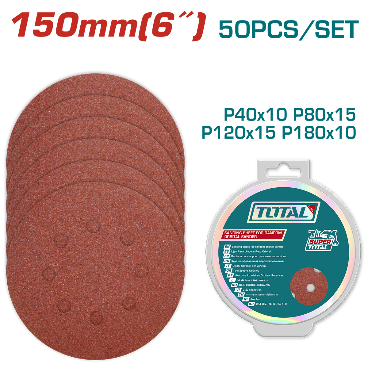 Set Discuri Abrazive Total | 150mm | 50 buc | Velcro | P40 P80 P120 P180