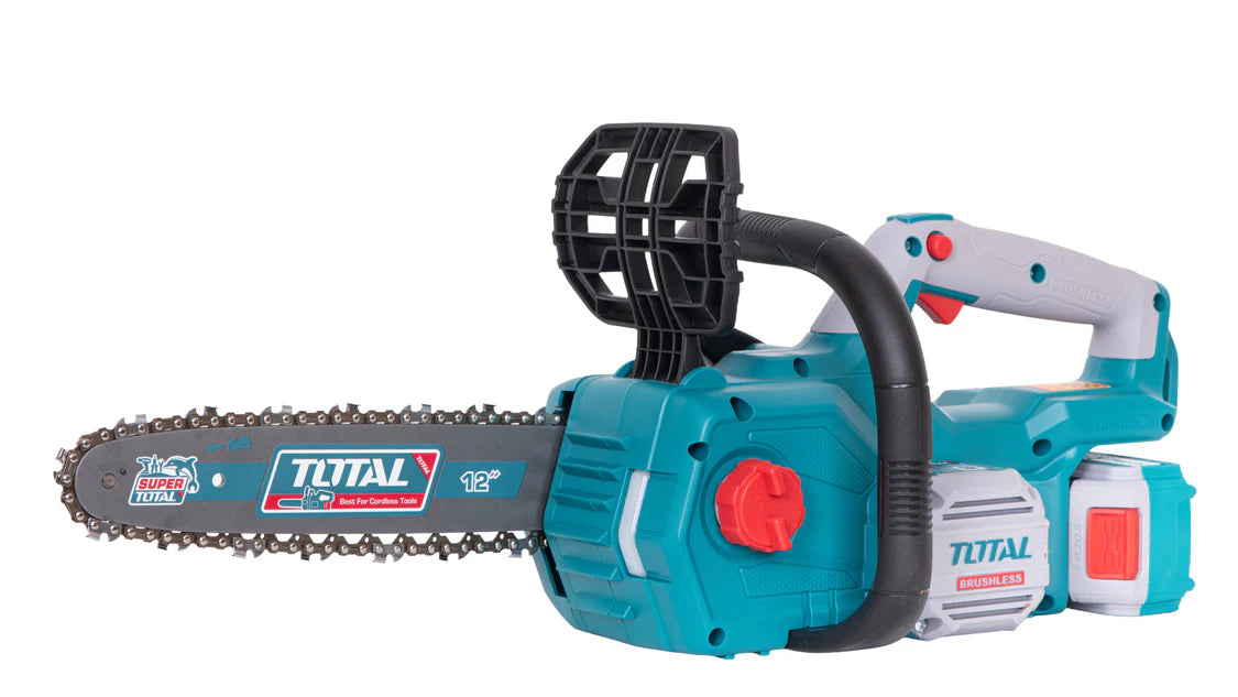 Drujba pe acumulator TOTAL 12 inch 20V, motor fara perii, 2 acumulatori, 1 incarcator, ungere automata, frana lant, PROFESIONAL