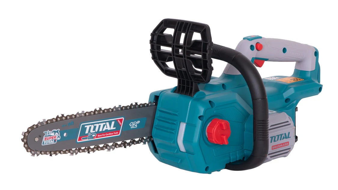 Drujba pe acumulator TOTAL 12 inch 20V, motor fara perii, 2 acumulatori, 1 incarcator, ungere automata, frana lant, PROFESIONAL