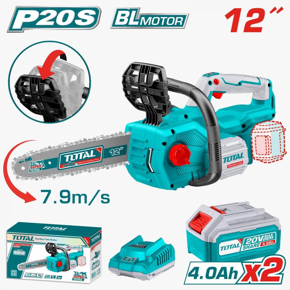 Drujba pe acumulator TOTAL 12 inch 20V, motor fara perii, 2 acumulatori, 1 incarcator, ungere automata, frana lant, PROFESIONAL