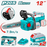 Drujba pe acumulator TOTAL 12 inch 20V, motor fara perii, 2 acumulatori, 1 incarcator, ungere automata, frana lant