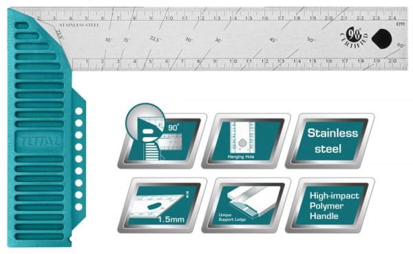 Echer TOTAL inox 300 mm profesional pentru trasare si unghi drept
