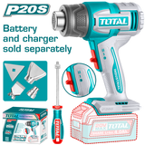 Feon cu aer cald TOTAL 20V, 300–550°C, 2 trepte temperatura, accesorii incluse, fara acumulator