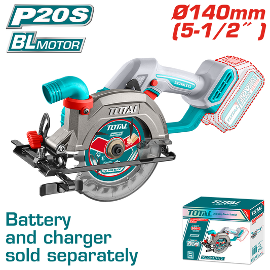 Fierastrau circular TOTAL 20V, disc 140 mm, motor fara perii, fara acumulator si incarcator