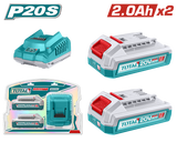 Kit TOTAL 2 baterii Li-Ion 20V 2.0Ah + incarcator rapid P20S
