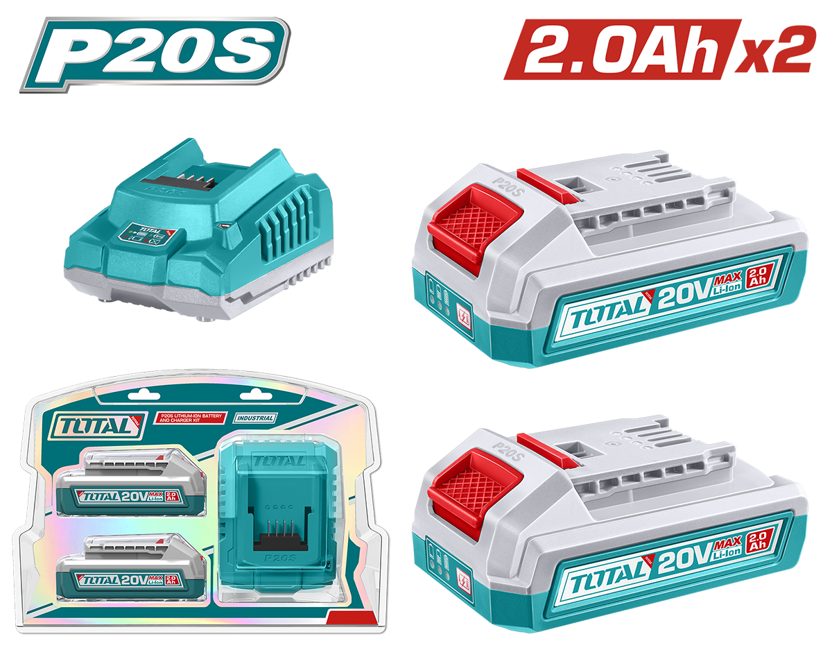 Kit TOTAL 2 baterii Li-Ion 20V 2.0Ah + incarcator rapid P20S