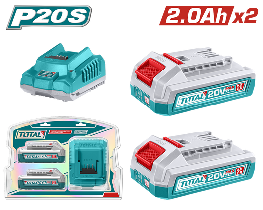 Kit TOTAL 2 baterii Li-Ion 20V 2.0Ah + incarcator rapid P20S