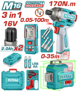 Kit combo TOTAL 16V cu masina de insurubat cu impact, nivela laser 3D si telemetru laser