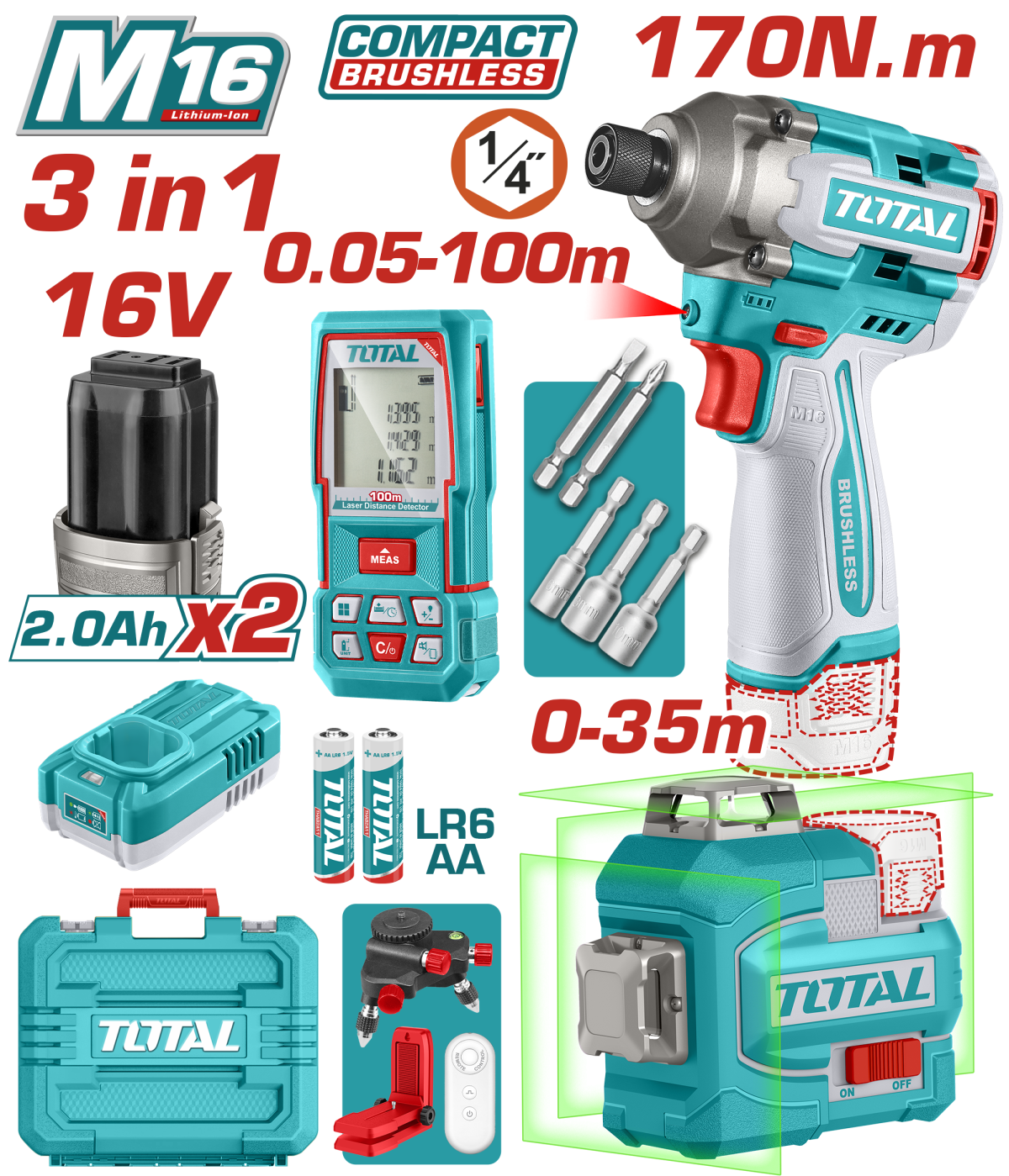 Kit combo TOTAL 16V cu masina de insurubat cu impact, nivela laser 3D si telemetru laser