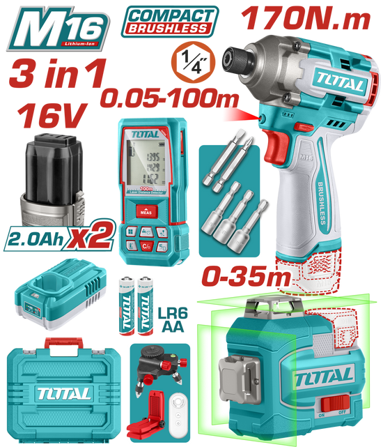 Kit combo TOTAL 16V cu masina de insurubat cu impact, nivela laser 3D si telemetru laser