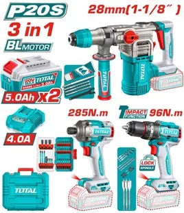 Kit Combo TOTAL 20V Brushless cu 3 unelte, 2 baterii 5.0Ah, incarcator si accesorii