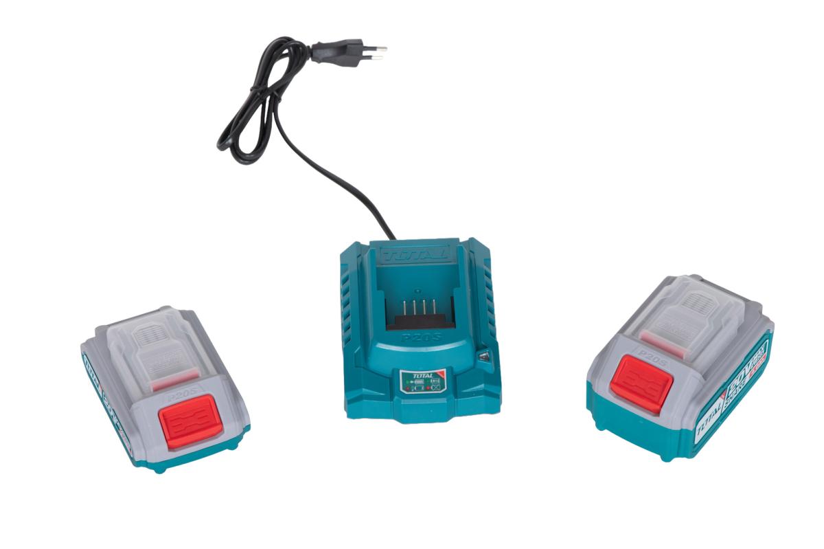 Kit combo TOTAL 20V – fierastrau circular, masina de gaurit cu impact, slefuitor, 2 acumulatori, incarcator