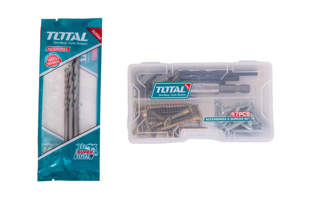 Kit combo TOTAL 20V – fierastrau circular, masina de gaurit cu impact, slefuitor, 2 acumulatori, incarcator